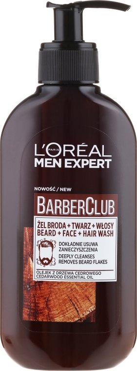 Oczyszczający żel 3 w 1 do mycia brody, twarzy i włosów z olejkiem z drzewa cedrowego - L'Oreal Paris Men Expert Barber Club