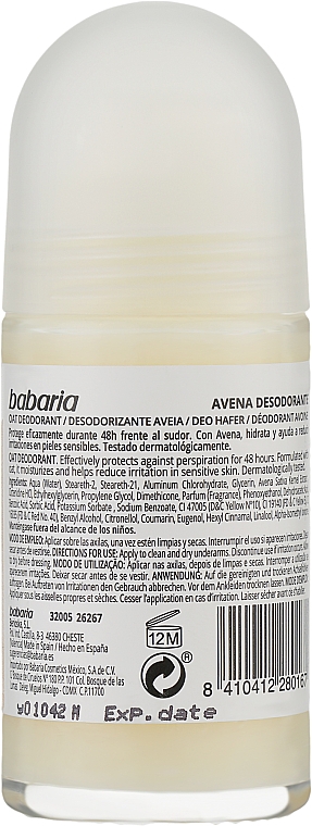 Dezodorant z ekstraktem z owsa - Babaria Avena Roll-On Deodorant For Sensitive Skin — Zdjęcie N2