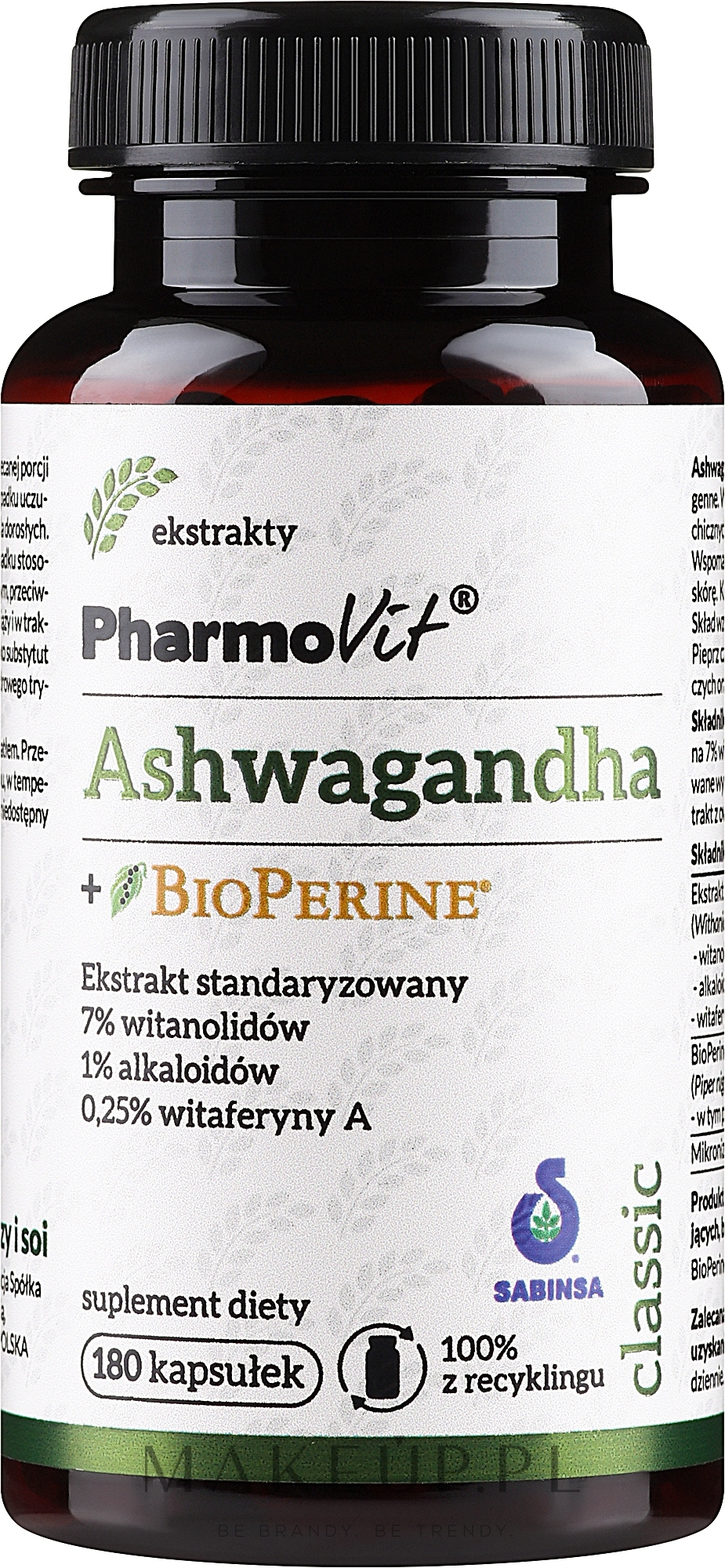 Suplement diety Aszwagandha + Bioperyna - Pharmovit Ashwagandha + BioPerine — Zdjęcie 180 szt.