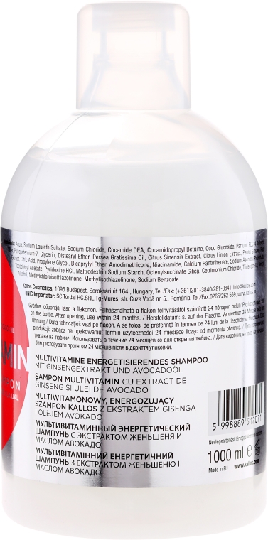 Szampon z ekstraktem z żeń-szenia i olejem z awokado - Kallos Cosmetics Multivitamin Energising Shampoo — Zdjęcie N2