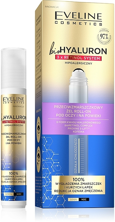 Przeciwzmarszczkowy żel roll-on pod oczy i na powieki - Eveline Cosmetics BioHyaluron 3x Retinol System Gel Roll-On — Zdjęcie N1
