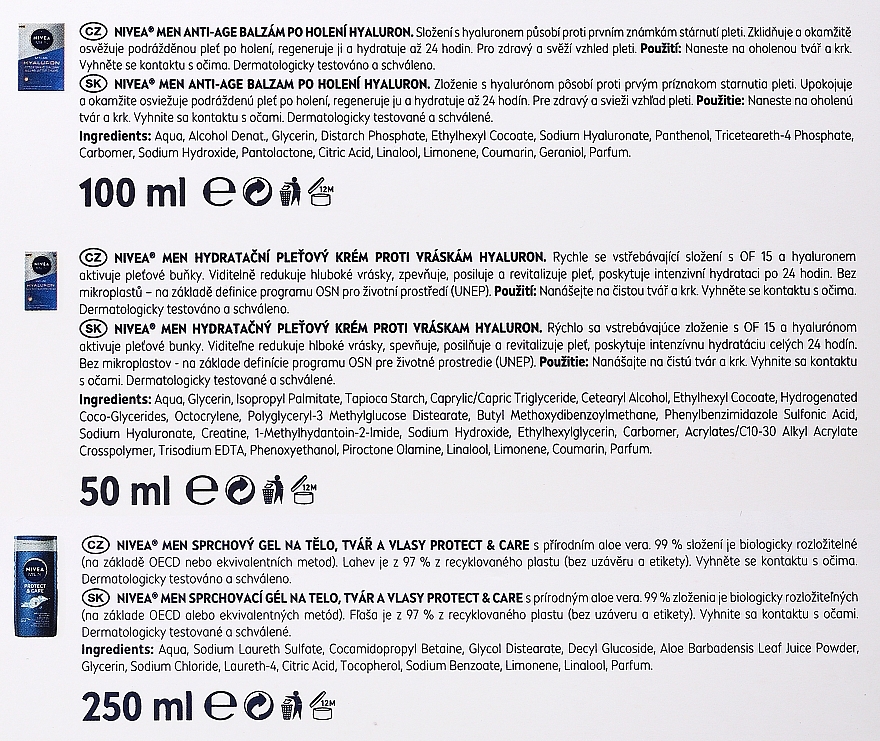 Zestaw - Nivea Men Hyaluronic Anti-Age Essentials Kit (sh/gel/250ml + ash/balm/100ml + cr/50ml + pouch) — Zdjęcie N4