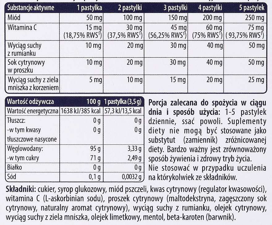 Suplement Witamina C z miodem i cytryną, tabletki - Dr Vita Gardarin Honey & Lemon — Zdjęcie N2