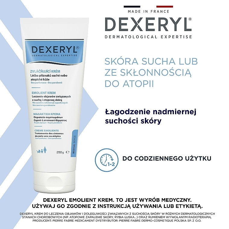 Krem ochronny do skóry przeznaczony do leczenia objawów i dolegliwości związanych z suchością skóry - Pierre Fabre Dermatologie Dexeryl Emollient Cream — Zdjęcie N10