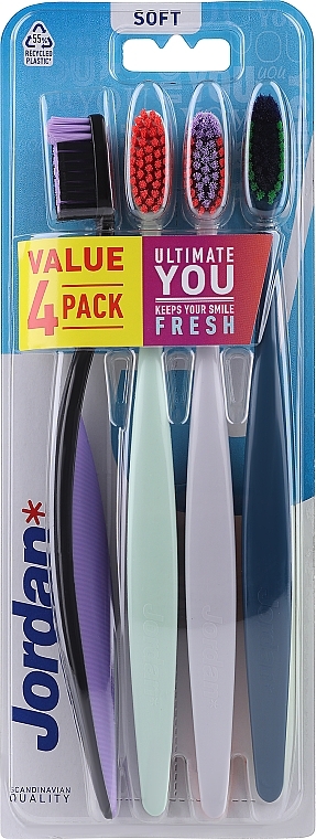 Miękka szczoteczka do zębów, 4 szt., czarno-fioletowa+miętowa+liliowa+niebieska - Jordan Ultimate You Soft Toothbrush — Zdjęcie N1