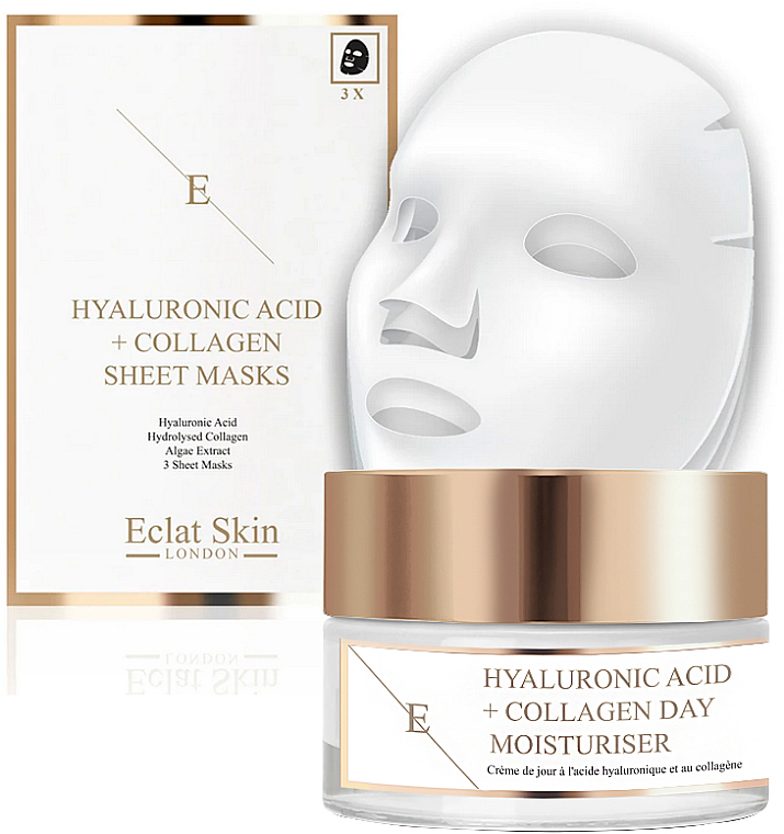 Zestaw - Eclat Skin London Hyaluronic Acid & Collagen (f/cream/50ml + f/mask/3pcs) — Zdjęcie N1