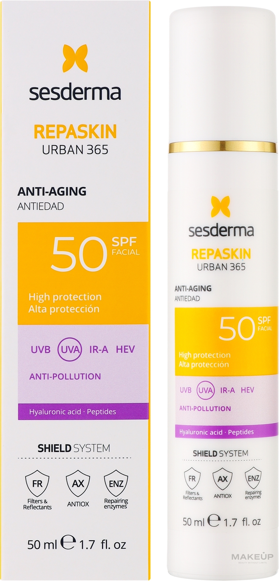 Przeciwstarzeniowy filtr przeciwsłoneczny do twarzy - Sesderma Repaskin Urban 365 Anti-aging Spf50 — Zdjęcie 50 ml