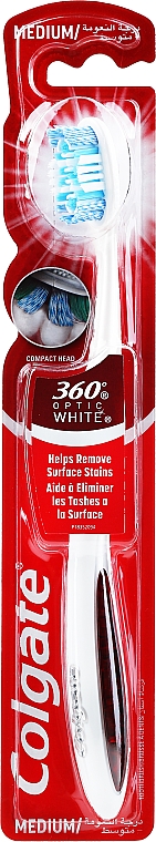 Wybielająca szczoteczka do zębów, średnia twardość, biało-czerwona - Colgate 360 Degrees Toothbrush Optic White Medium — Zdjęcie N1