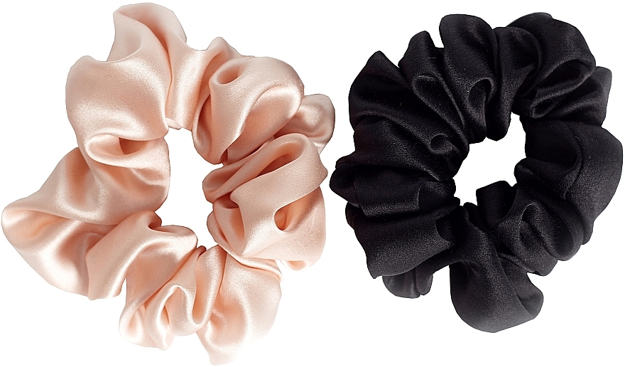 Komplet gumek z jedwabiu, rozmiar M, różowy + czarny - de Lure Scrunchie Set — Zdjęcie N1