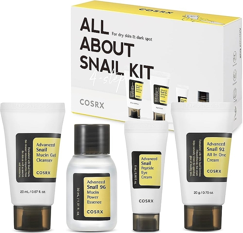 Zestaw miniatur z mucyną ślimaka - Cosrx Advanced Snail Mucin (cl/20ml + essence/30ml + cr/5g + cr/20ml) — Zdjęcie N1