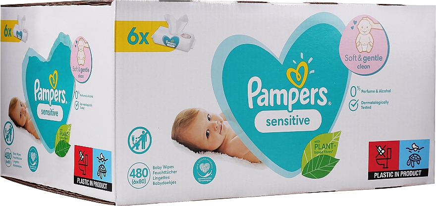 Chusteczki nawilżane dla niemowląt, 6 x 80 szt. - Pampers Sensitive — Zdjęcie N1
