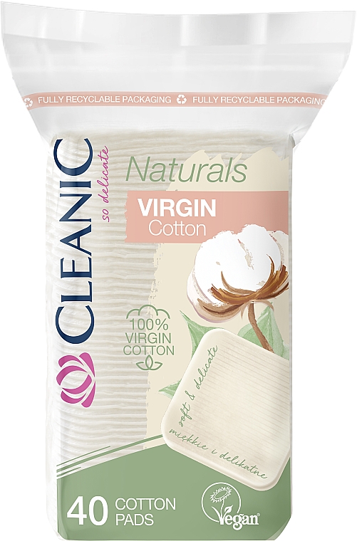 Waciki bawełniane, kwadratowe, 40szt - Cleanic Naturals Virgin Cotton Pads — Zdjęcie N1