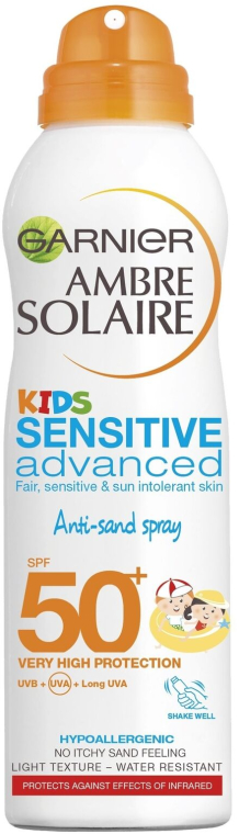 Przeciwsłoneczny suchy spray dla dzieci Antypiasek - Garnier Ambre Solaire Kids Sensitive Anti-Sand Sun Cream Spray SPF50+ — Zdjęcie N1