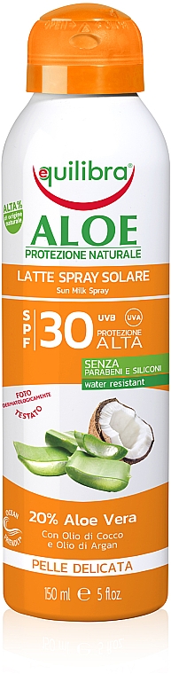 Mleczko przeciwsłoneczne do ciała Aloes SPF 30 - Equilibra Sun Aloe Spray Milk Spf 30 Delicate Skin  — Zdjęcie N1