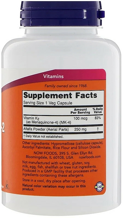 Witamina K2 100mg - Now Foods Vitamin K-2 100mg Veg Capsules — Zdjęcie N2