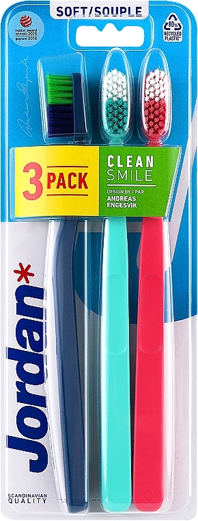 Szczoteczki do zębów miękkie, granatowa + miętowa + różowa - Jordan Clean Smile Soft