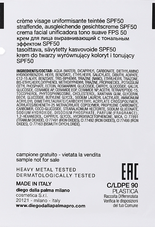 Wygładzający krem ​​do twarzy - Diego Dalla Palma Soothing Uniforming Tinted Cream SPF50 (próbka) — Zdjęcie N2