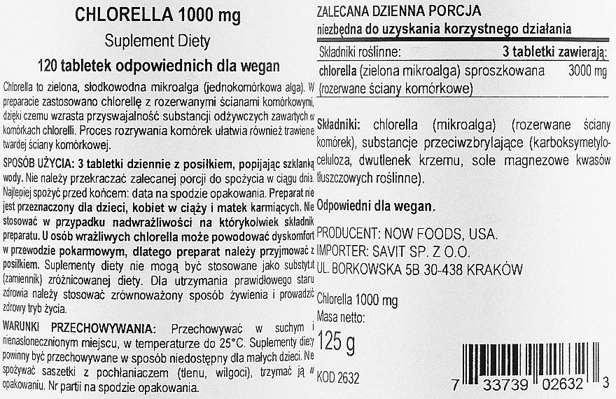 Naturalny suplement Chlorella, 1000 mg - Now Foods Chlorella — Zdjęcie N2