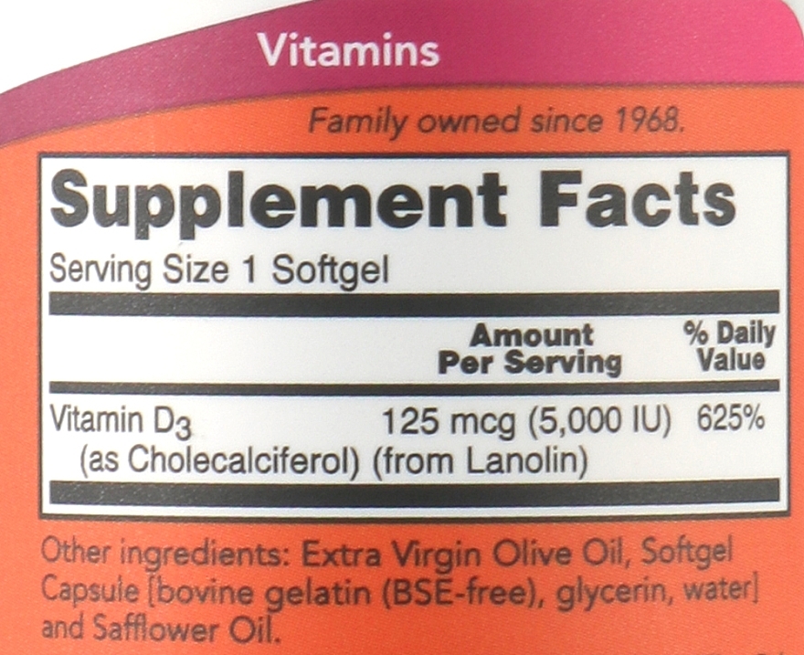 Suplement diety Witamina D-3 - Now Foods Vitamin D-3 5000 IU Structural Support — Zdjęcie N3