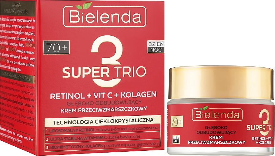 Głęboko odbudowujący krem przeciwzmarszczkowy 70+ - Bielenda Super Trio Retinol + Vit C + Kolagen — Zdjęcie N2