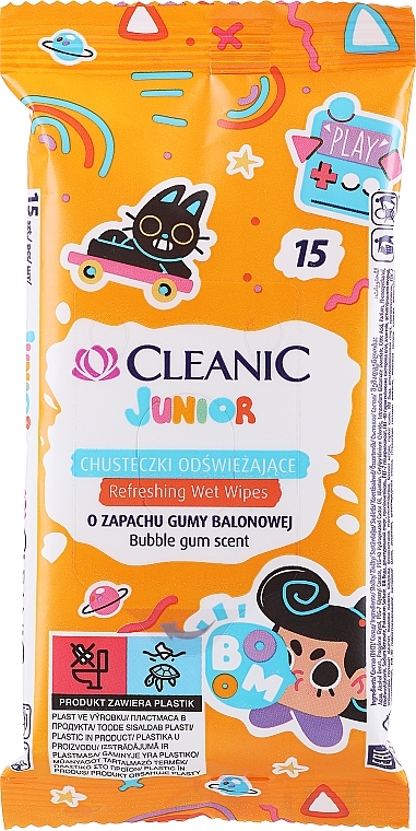 Chusteczki dla niemowląt, 15 szt. - Cleanic Junior Wipes Bubble Gum Scent — Zdjęcie N1