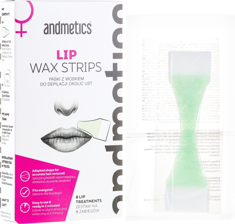 Paski z woskiem do depilacji okolic ust - Andmetics Lip Wax Strips Women (strips 8 x 2 + 4 x wipes)