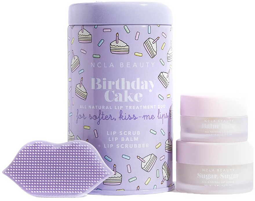 Zestaw do pielęgnacji ust Tort urodzinowy - NCLA Beauty Birthday Cake (l/balm 10 ml + l/scrub 15 ml + scrubber) — Zdjęcie N1