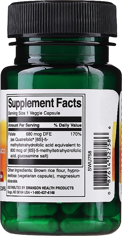 Suplement diety Tetrahydrofolian 5-metylu, 400 mg - Swanson Folate (5-Methyltetrahydrofolic Acid) — Zdjęcie N3