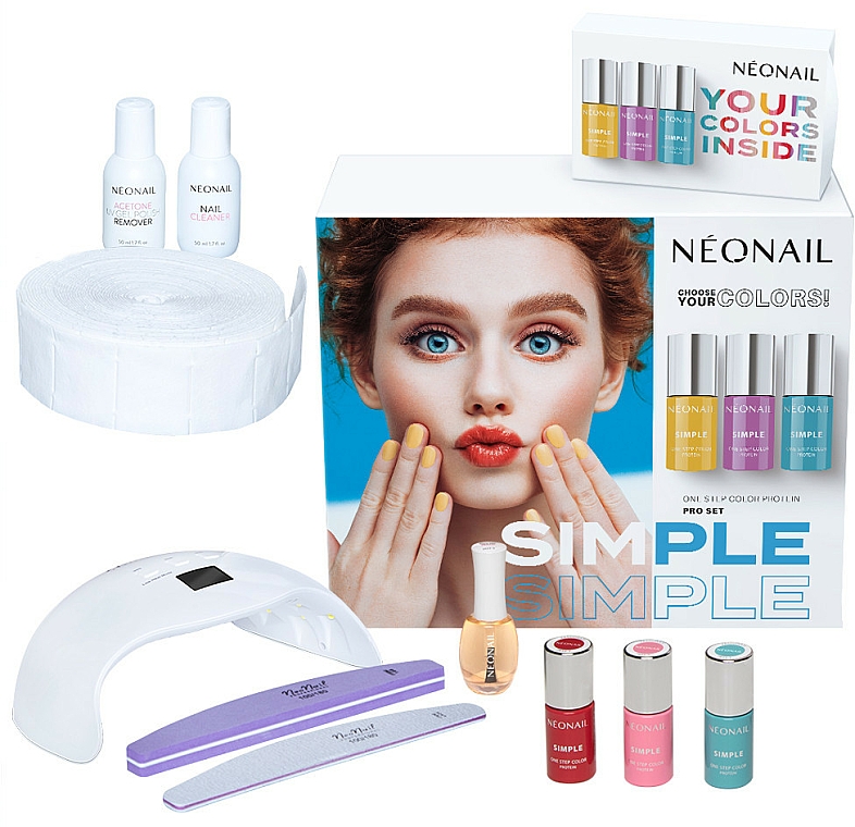 Zestaw - NeoNail Professional Simple One Step Pro Starter Set (n/polish/3x7.2g + lamp + n/cln/50ml + rem/50ml + n/oil/15ml + accessories) — Zdjęcie N1