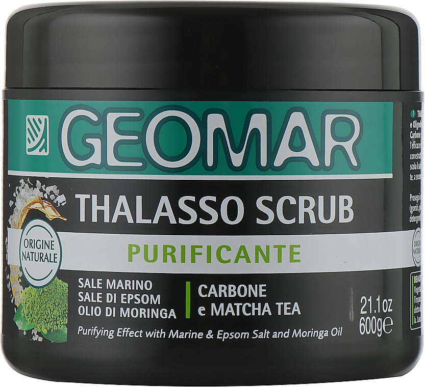 Oczyszczający scrub do ciała z solą morską, olejem moringa, węglem aktywnym i matchą - Geomar Thalasso Scrub Purificante
