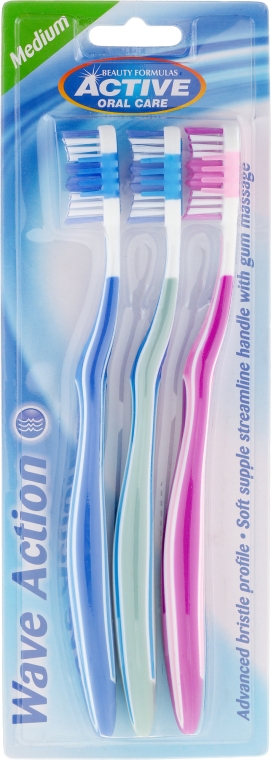 Szczoteczki do zębów, średnia twardość, niebieska + szara + różowa - Beauty Formulas Active Oral Care Active Wave Action  — Zdjęcie N1
