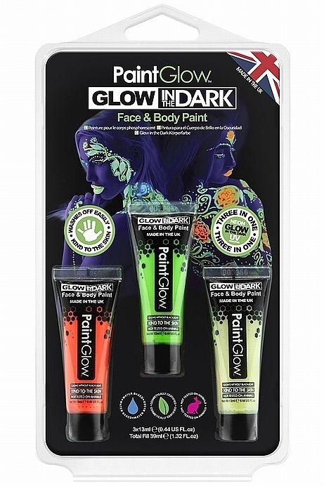 Zestaw neonowych farbek do twarzy - PaintGlow Glow In the Dark Face & Body (paint/3x12ml) — Zdjęcie N1
