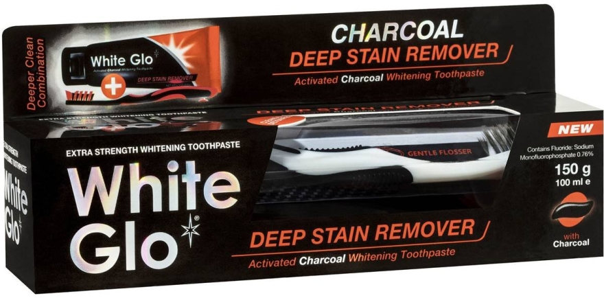 Zestaw: pasta do zębów z węglem aktywnym + czarna szczoteczka - White Glo Charcoal Deep Stain Remover Toothpaste (t/paste 100 ml + t/brush) — Zdjęcie N1