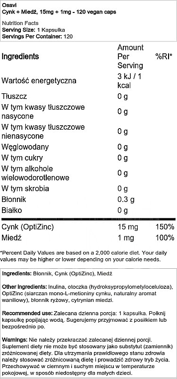 Kapsułki Cynk + Miedź, 15 mg - Osavi Zinc + Copper 15Mg — Zdjęcie N2