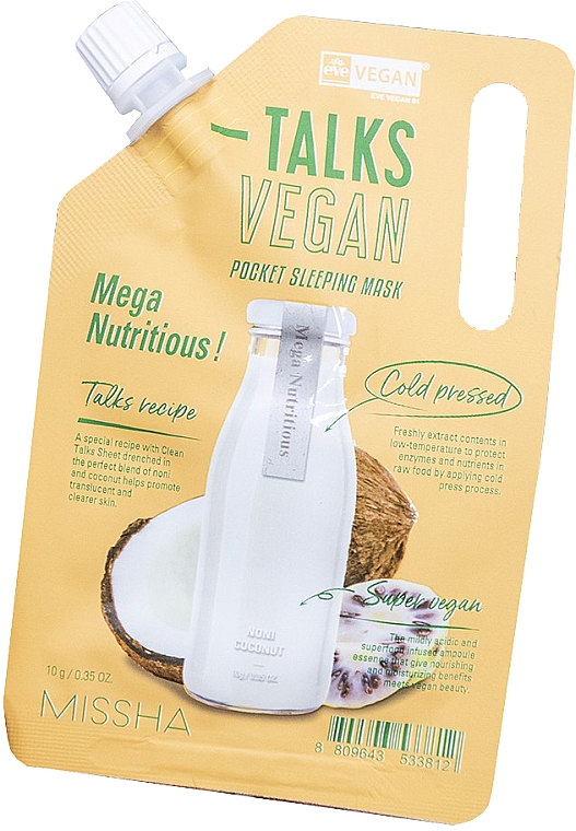 Nawilżająco-odżywcza maska do twarzy na noc - Missha Talks Vegan Squeeze Pocket Sleeping Mask Mega Nutritious