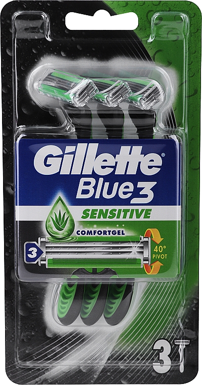 Zestaw jednorazowych maszynek do golenia, czarno-zielony - Gillette Blue 3 Sense Sensitive — Zdjęcie N1