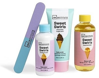 Zestaw - IDC Institute Sweet Swirls Gift Set (sh/gel/100ml + b/lot/100ml + b/scr/100ml + nail/file) — Zdjęcie N2