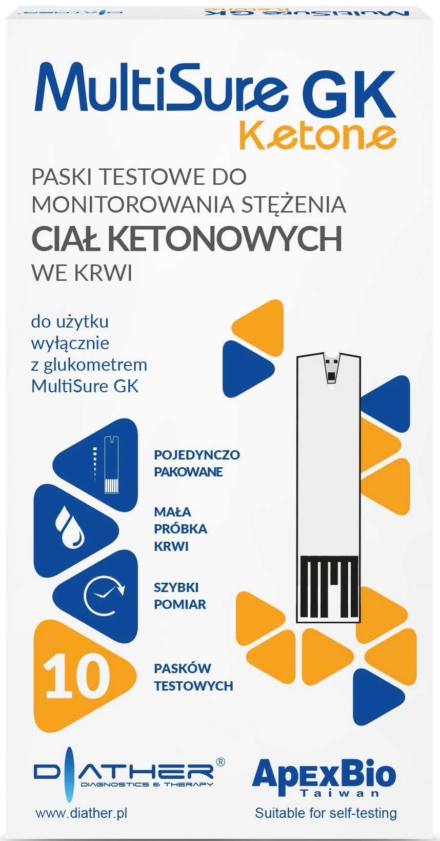 Paski testowe do określania poziomu ketonów we krwi, 10 szt. - Diather Diagnostics & Therapy MultiSure GK Ketone — Zdjęcie 10 szt.