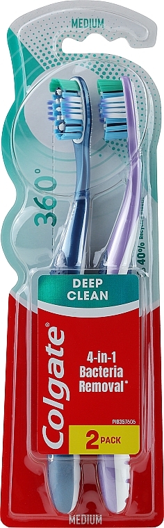 Szczoteczka do zębów 360 Super Clean, średnia, 1+1, niebieska+fioletowa - Colgate — Zdjęcie N1