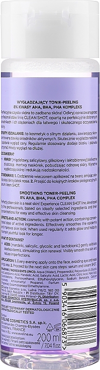 Wygładzający tonik-peeling do twarzy z 8% kwasami AHA, BHA, PHA - Eveline Clean Shot Smoothing Tonic-Peeling with 8% AHA BHA PHA Acid — Zdjęcie N2