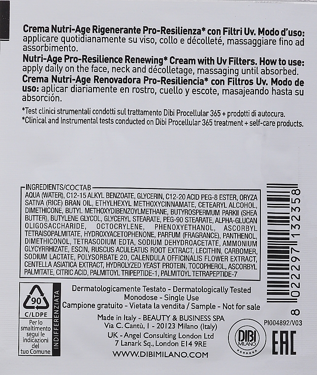 Odżywczy prebiotyczny krem do twarzy z filtrami UV - DIBI Milano Procellular 365 Nutri-Age Pro-Resilience Renewing Cream With Uv Filters (próbka) — Zdjęcie N2