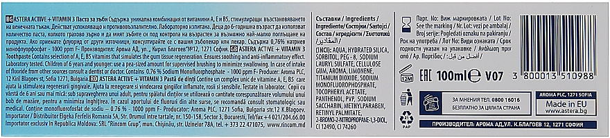 Witaminowa pasta do zębów - Astera Active+ Vitamin 3 Fresh Mint — Zdjęcie N3