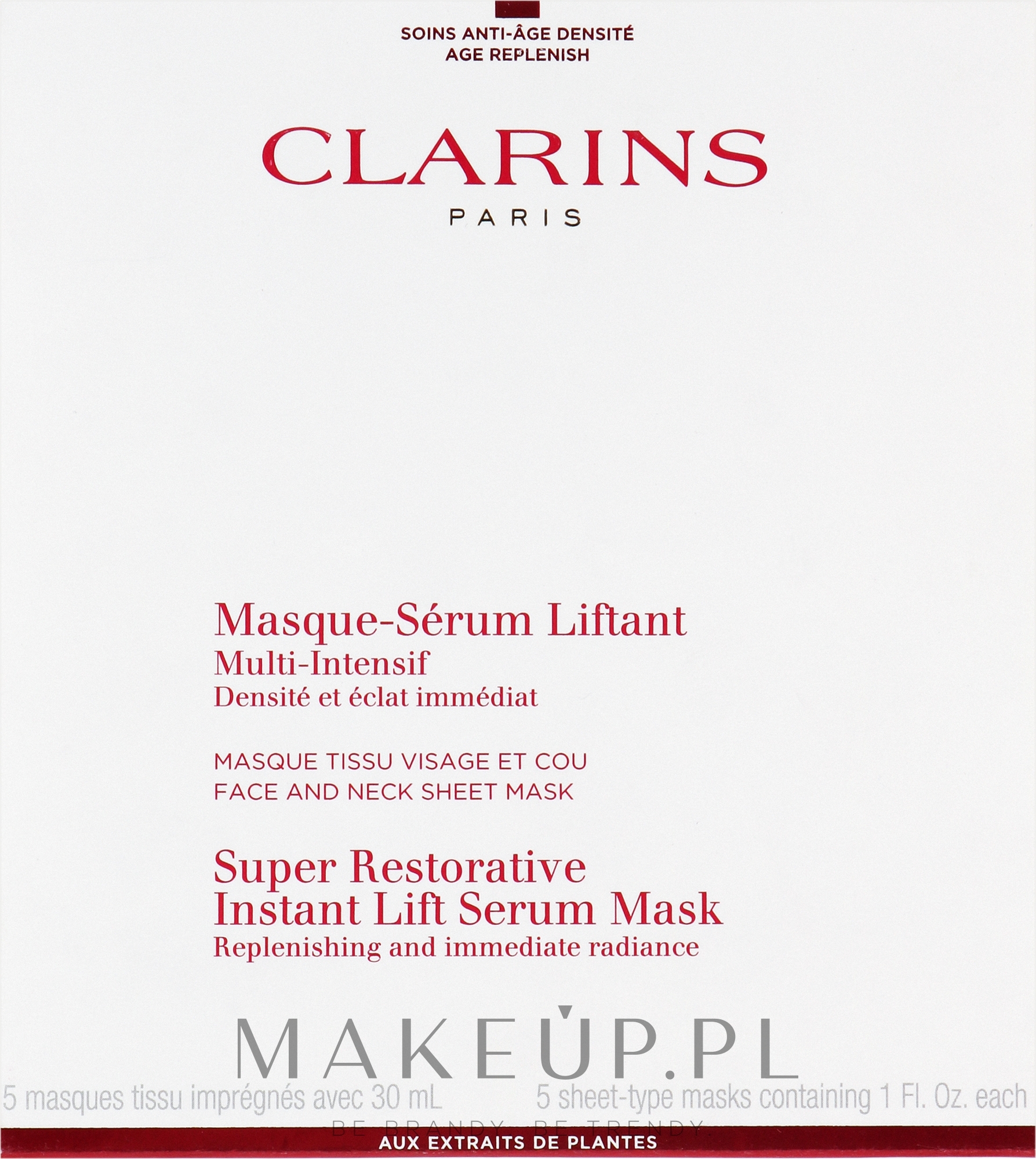 423902-liftingująca maska-serum natychmiastowo rozświetlająca do twarzy i szyi - Clarins Restorative Instant Lift Serum Mask — Zdjęcie 5 x 30 ml