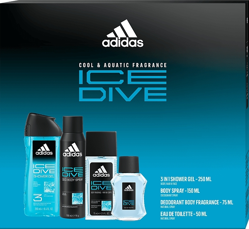 Adidas Ice Dive - Zestaw (edt/50ml + b/spray/150ml + deo/spray/75ml + sh/gel/250ml) — Zdjęcie N1