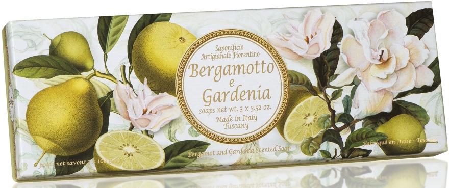 Zestaw naturalnych mydeł w kostce Bergamotka i gardenia - Saponificio Artigianale Fiorentino Bergamot & Gardenia (3 x soap 100 g) — Zdjęcie N1