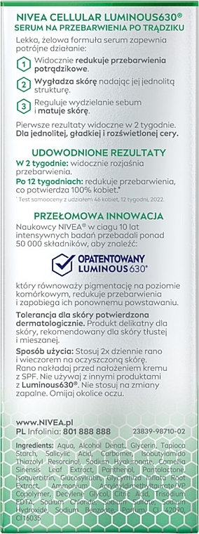 PRZECENA! Udoskonalające serum na przebarwienia po trądziku - NIVEA Luminous 630 Serum Anti-Pigmentflecken * — Zdjęcie N2