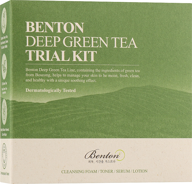 Miniaturowy zestaw do pielęgnacji skóry z zielonej herbaty - Benton Deep Green Tea Deluxe Kit (f/toner/30ml + f/lotion/20ml + f/serum/5ml + f/cl/foam/20g) — Zdjęcie N1