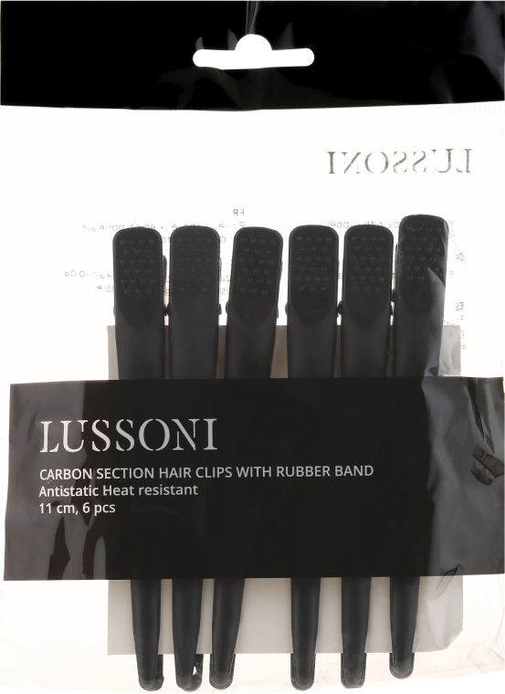 Klipsy fryzjerskie z włókna węglowego z elastyczną gumką, czarne - Lussoni — Zdjęcie N1