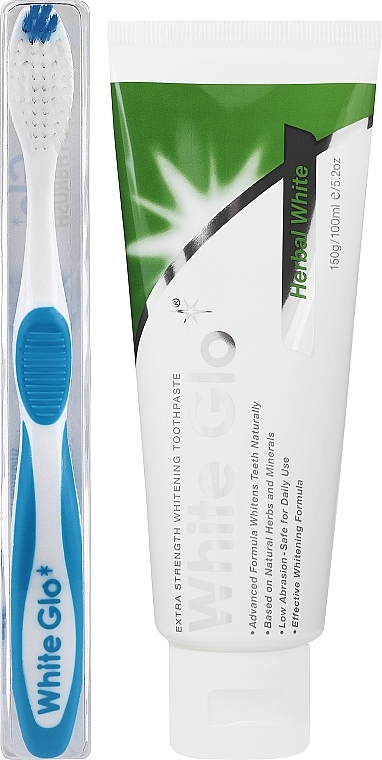 Zestaw do mycia zębów z niebiesko-białą szczoteczką - White Glo Herbal White Set (t/paste/100ml + t/brush/1pc + dental/flosser) — Zdjęcie N2