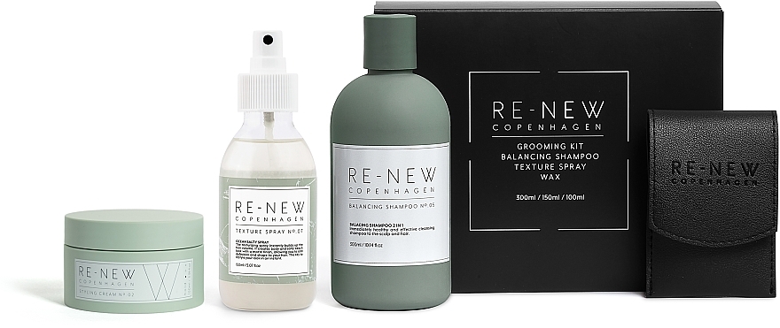Zestaw, 4 produkty - Re-New Copenhagen Essential Grooming Kit (Balancing Shampoo №05 + Texture Spray №07 + Styling Cream №02) — Zdjęcie N1